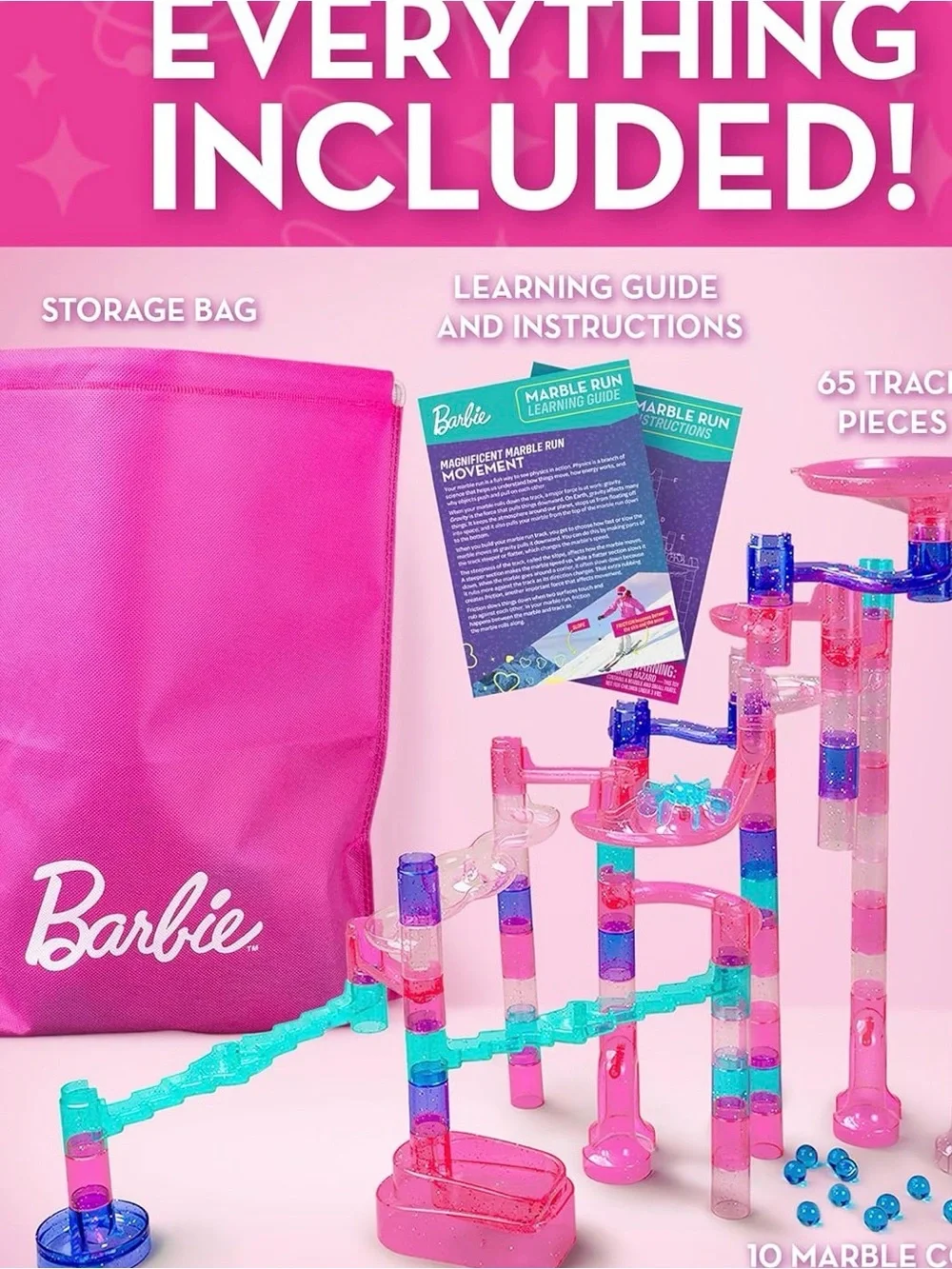 New Barbie Sparkle Marble Run Building Set with 10 Marbles for Kids Ages 6+